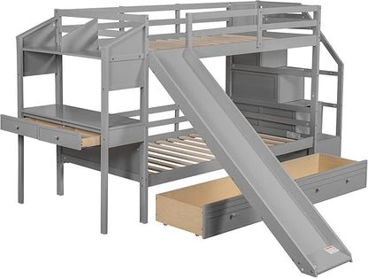 Twin Over Twin Bunk Bed with Storage Staircase and Slide, Wooden Bunk Bed Frame with Desk and Drawers, Multifunctional Bunk Bed for Kids Teens Adult Bedroom (Gray + Pine-Twin-04)