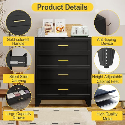 43.11" Tall Metal Dresser for Bedroom, 4 Drawer Black Dresser Chest with Gold Handles, Closet Dressers Chests with Fluted Panel, Vertical Storage Cabinet for Living Room, Entryway, Hallway