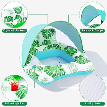 【Upgraded】 Pool Floats Adult with Canopy, XL Inflatable Pool Floaties for Adults Heavy Duty, Pool Chair and Lounge for Swimming in Pool Beach Lake, Float for Pool Floating with Cup Holder, Backrest