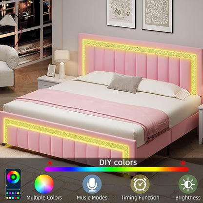 HOMBCK Bed Frame King with LED Lights and Velvet Upholstered Headboard