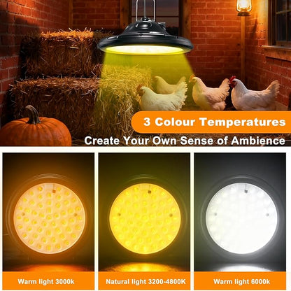 Solar Chicken Coop Light with Timer, Outdoor Solar Pendant Lights IP66 Waterproof & 16.4ft Cord, 3-Color Dimmable Shed Lights for Sheds, Chicken Coop, Farm, Stables