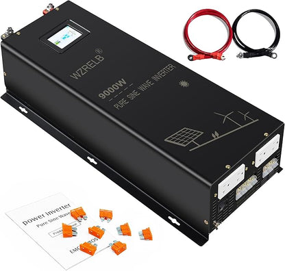 WZRELB 9000W 24V Pure Sine Wave Inverter,24 Volt DC to AC 120V 240V Split Phase Power Inverter,2*AC Hardwire Terminal,18KW Surge,High Efficiency up to 91.6% with LCD Display