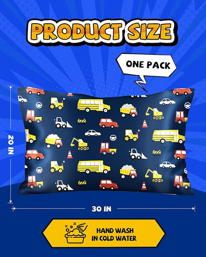 Silk Pillowcase for Kids - 30 x 20 Inches Queen Size Mulberry Silk Pillow Case with Zipper Cute Cartoon Kawaii Teens Girls Boys Pillowcase for Hair and Skin, Red Yellow Car
