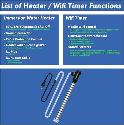 3500W 240V Immersion Water Heater Portable Electric Pool and Hot Tub Submersible Water Heater with Temp Control, WiFi Timer for Bathtub, Baptistry, Swimming pool, above ground pool and Sap