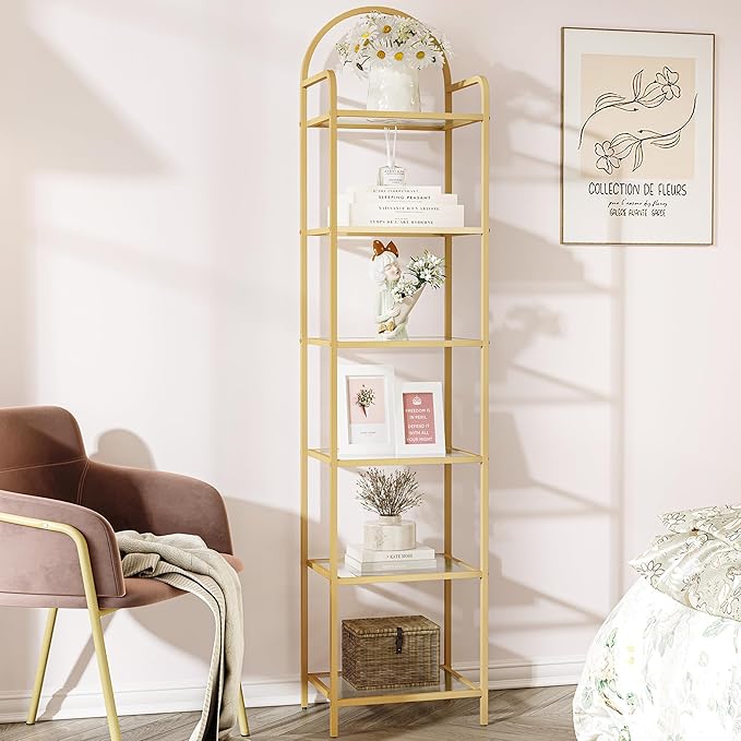 Bookcase Bookshelf, Tempered Glass Bookshelves, Slim Shelving Unit for Bedroom, Bathroom, Home Office, Steel Frame, 6 Tier Gold BC10601G