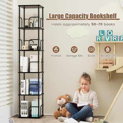 5 Tier Square Rotating Bookshelf, 360 ° Display Stackable Spinning Bookshelf Tower, Space Saving Tall Floor Standing Swivel Bookcase Corner Storage Organizer for Living Room, Black, Small Size