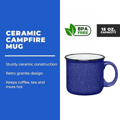 Set of 16 Ceramic Campfire Mugs – 15 Oz, Cobalt Blue – Coffee & Tea Cups for Home, Work, Travel, Camping – Customizable, Great for DIY, Events, Companies