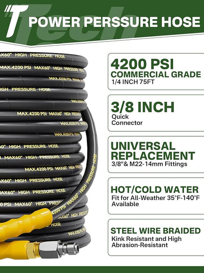 4200PSI Pressure Washer Hose 75FT with 3/8" Swivel Quick Connect for Cold/Hot Water, Kink Resistant Steel Wire Braided, Wear Resistant Power Washer Hose with 2 M22 14mm Adapter Set