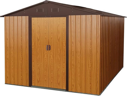 Sheds & Outdoor Storage 8ft x 10ft Iron Storage Shed with Metal Foundation Metal Garden Shed Tool Storage Cabinet with Secure Sliding Doors with Padlock for Backyard, Patio, Poolside, Coffee