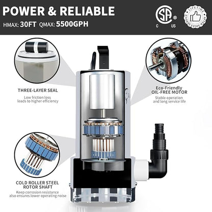 LANCHEZ 1.6HP 5500GPH Stainless Steel Sump Pump, High Flow Submersible Water Pump with Float Switch, Automatic Transfer Water Pump for Pool Basement Flooded Pit Sewage Sink Tub