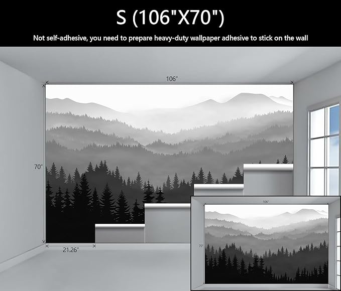 WFBHUA-Black and White Forest Mountain Wallpaper Gray Woodland Nature Landscape Wall Paper Mural for Bedroom Living Room(Not Peel and Stick)