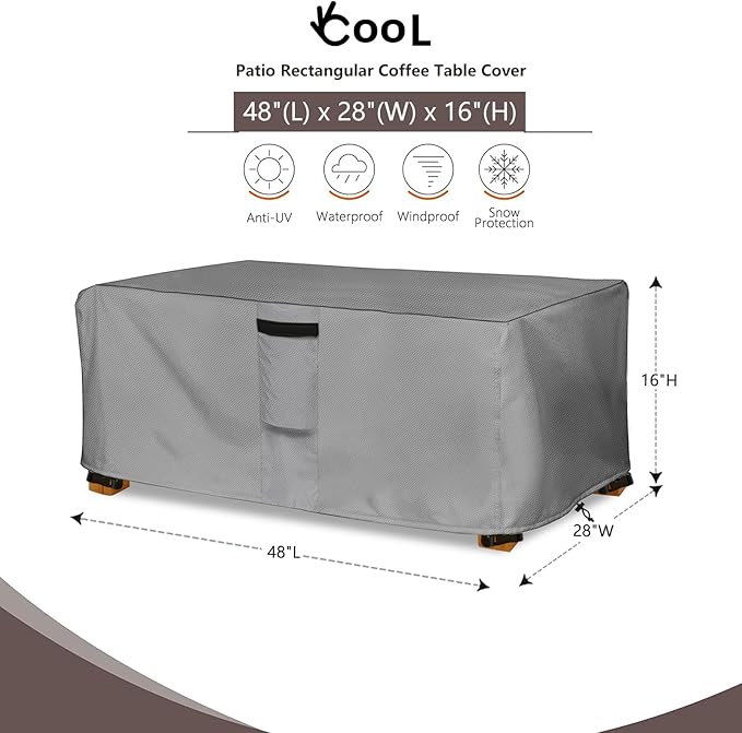 Outdoor Coffee Table Cover,Waterproof Rectangular Patio Small Side Table Cover,48 x 28 x 16 inch, Outdoor Table Covers Waterproof Rectangle,Grey
