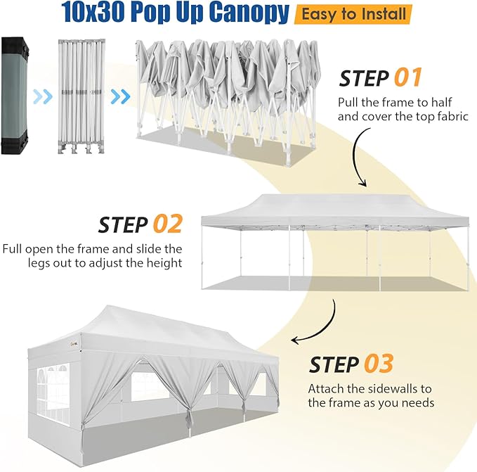 HOTEEL 10x30 Pop up Canopy Tent for Parties, Heavy Duty Easy Setup Tent with 8 Sidewalls, Outdoor Commercial Instant Gazebo for Wedding Event, with Portable Bag & Sand Bags, White(Hexagonal Frame)