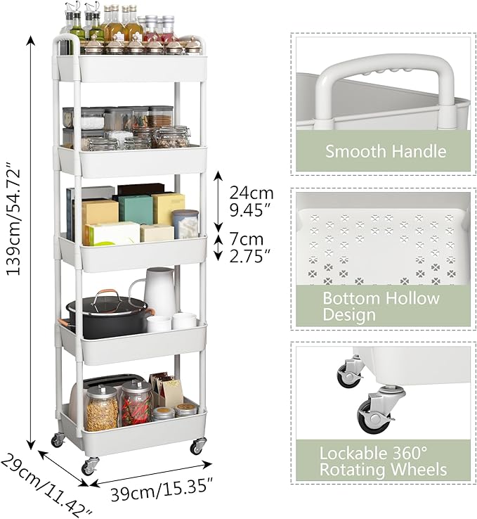 Sywhitta 5-Tier Plastic Rolling Utility Cart with Handle, Multi-Functional Storage Trolley for Office, Living Room, Kitchen, Movable Storage Organizer with Wheels, White