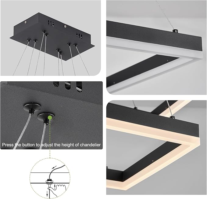 2 Rings Modern LED Chandelier Black 23.6inch Rectangle Dimmable LED Pendant