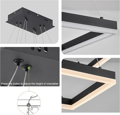 2 Rings Modern LED Chandelier Black 23.6inch Rectangle Dimmable LED Pendant