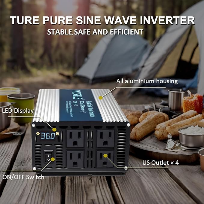 WZRELB 1800W Pure Sine Wave Inverter 36V DC to 110V 120V AC Power Converter with LED Display, Off-Grid Portable Power Inverter with 4 AC Outlets for Home, RV, Truck, Camping