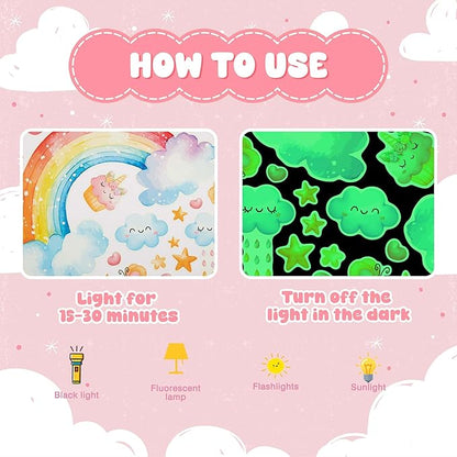 Large Unicorn and Rainbow Wall Decals Glow in The Dark, Watercolor Stars Stickers for Baby Girls Room, Luminous Ceiling Decor for Bedroom Playroom Nursery