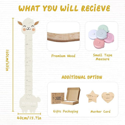 Personalized Name Height Chart for Kids, Alpaca Wood Growth Chart, Height Measuring for Children, Boy Girls Height Wall Chart Growth Measuring Ruler for Nursery Decor, Lightweight
