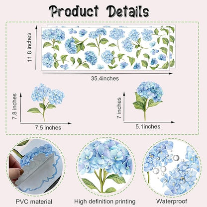 Watercolor Blue Hydrangea Wall Stickers, Blossom Floral Vinyl Wall Decals, Removable Flower with Green Leaves DIY Wall Art for Bedroom Living Room Decor