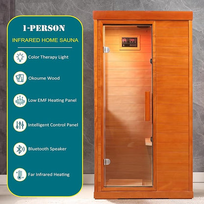Far Infrared Saunas for Home, 1 Person Sauna Indoor Okoume Wood 1170W Low Emf Dry Sauna Room with Bluetooth Audio, 6 Heaters Panels and Tempered Glass Door (Natural, 35.4" * 27.5" * 63.3")