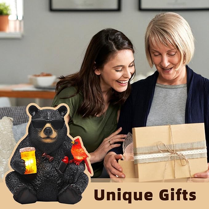 Solar Black Bear Statue for Garden with Beer and Cardinals 6.3" Resin Garden Statues for Outside Yard Paito Porch Decor Birthday Gardening Gifts for Women Mother Sister Grandmother Wife
