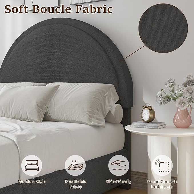 Twin Size Bed Frame, Boucle Upholstered Platform Bed with Headboard, Cloud Bed Frame with Soft Rounded Corners, No Box Spring Required, Easy Assembly, Dark Grey