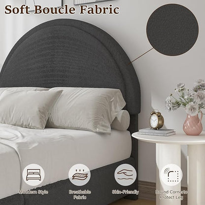 Twin Size Bed Frame, Boucle Upholstered Platform Bed with Headboard, Cloud Bed Frame with Soft Rounded Corners, No Box Spring Required, Easy Assembly, Dark Grey