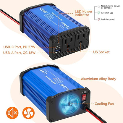 ALLWEI 300W Car Power Inverter, DC 12V to 110V AC Converter Car Plug Adapter Outlet with 27W PD USB-C & 18W USB-A Fast Charge, Car Cigarette Lighter Charger for Phone, Laptop, Tablet - Blue