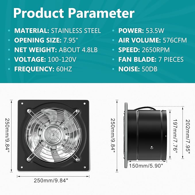 HG Power 8 Inch Exhaust Fan with Switch, Powerful Kitchen Exhaust Fan with Damper, Potable Window Exhaust Fans, Small Fume Extractor Ventilation Fan for Attic, Shop, Smoking Room, Garage