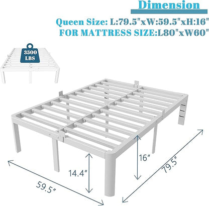 16 Inch Bed Frame Queen Size with Metal Gaskets, White Queen Bed Frame No Box Spring Needed, Heavy Duty Steel Platform Support, Round Corner Design, Storage Space, Noiseless, Reserved Holes
