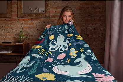 Thuswarm Cute Blue Sea Creatures Octopus Whale Flannel Blanket for Autumn Winter Gifts Warm Cozy Soft Funny Print Throw for Bed Couch Sofa 80”×60” Large for Adult
