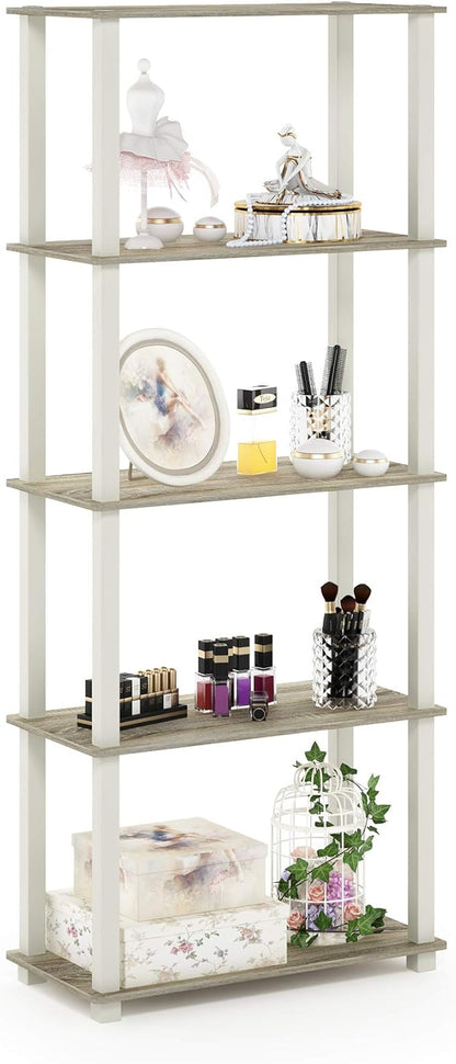 Furinno Turn-N-Tube 5-Tier Multipurpose Shelf / Display Rack / Storage Shelf / Bookshelf, Square Tubes, Sonoma Oak/White