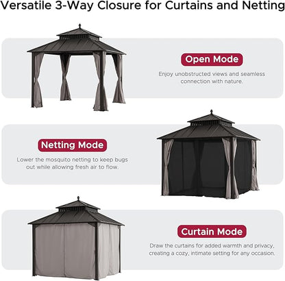 SUNJOY Kingston 10' x 10' Hardtop Gazebo with Galvanized Steel Double Roof, Curtain and Netting, Brown Aluminum Posts Permanent Pavilion Gazebo for Garden, Patio, Deck, Lawn