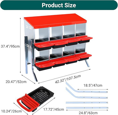 GarveeHome 2-Tier Chicken Nesting Box, 8 Compartment Metal Chicken Laying Boxes with Waterproof Roof ＆ Removable Trays for Hens, Poultry，Easy Egg Collection