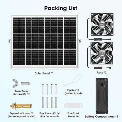 5.5" Solar Fan with Battery, 30W Solar Powered Rechargeable Fan Outdoor Waterproof, 18600 mAh Battery Operated Exhuast or Intake Fans, for Chicken Coop Greenhouse Dog Shed Ventilation Cooling