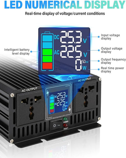 NIHAO 3000W Power Inverters DC 12V to 110V AC Converter with LCD Display, 2 International Socket and Battery Clips for Home, RV, Outdoor, Camping, Boat