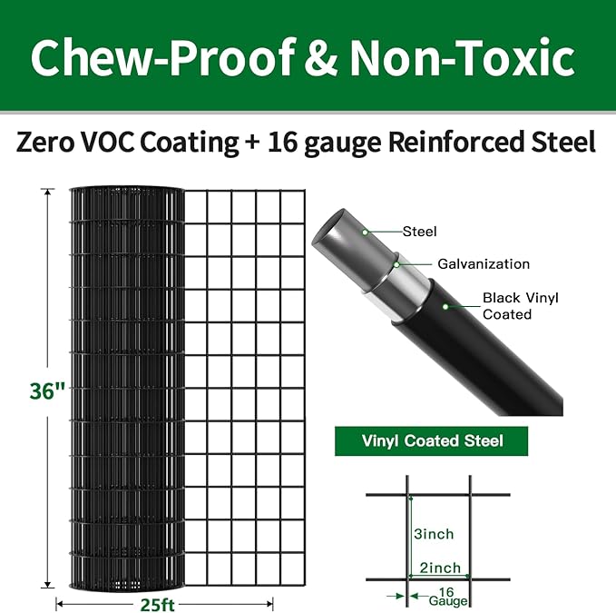 AMAGABELI GARDEN & HOME Black PVC Coated Welded Wire Fence 2inchx3inch 36inchx25ft 16Gauge Garden Border Fencing Roll Vinyl Coating Metal Wire Mesh Garden Bed Plant Supports Poultry Netting Cage