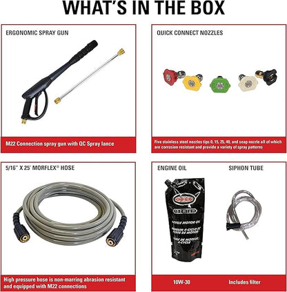SIMPSON Cleaning PS3228 PowerShot 3300 PSI Gas Pressure Washer, 2.5 GPM, Honda GX200 Engine, Includes Spray Gun and Extension Wand, 5 QC Nozzle Tips, 5/16-inch x 25-foot MorFlex Hose, 49-State