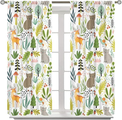 Cartoon Forest Kids Blackout Curtains,Cute Woodland Wild Animals Colorful Deer Plants Trees Print Pattern Thermal Insulation Window Drapes for Nursery Boys Girls Bedroom,White Background 55x63in