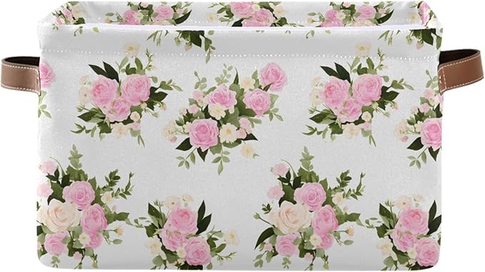 JIPONI Watercolor Pink Roses Fabric Storage Bins for Shelves, Decorative Storage baskets for organizing, Closet Organizer with Handle for Cloth, Toys, Bedrooms