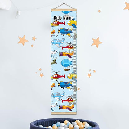 Personalized Kids Name Growth Chart Ruler for Wall Wood Frame Height Measure Chart 13.4x56 in Linen Hanging Height Growth Chart Cartoon Airplane Aircraft Kids Room Decor