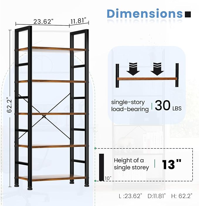 DUMOS 5 Tiers Bookshelf, Classical Modern Book Shelf, Tall Display Shelves in Living Room/Home/Office, Storage Organizer for CDs/Books/Movies, Rustic Brown