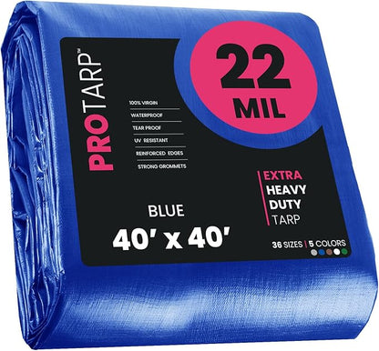 PROTARP Extreme Heavy Duty 22 Mil Tarp Cover, Waterproof, UV Resistant, Rip and Tear Proof, Poly Tarpaulin with Reinforced Edges for Roof, Camping, Patio, Pool, Boat. (Blue 40′ X 40′)