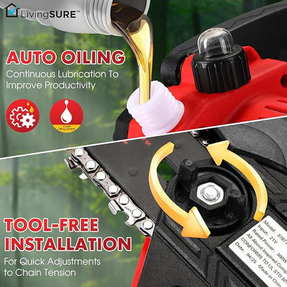 LivingSURE Mini Cordless Rechargeable Chainsaw Kit – 21V Handheld Electric Saw with 2 Batteries, Safety Features & Accessories – Lightweight 6" Bar for Tree Trimming, Firewood & Garden DIY Tasks