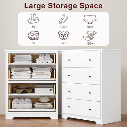 HOUSUIT White Dresser, 4 Drawer Dressers Chest of Drawers, Modern Tall Dresser, Wood Drawer Chest Storage Cabinet for Living Room, Hallway, Entryway, Home Office, Ivory White