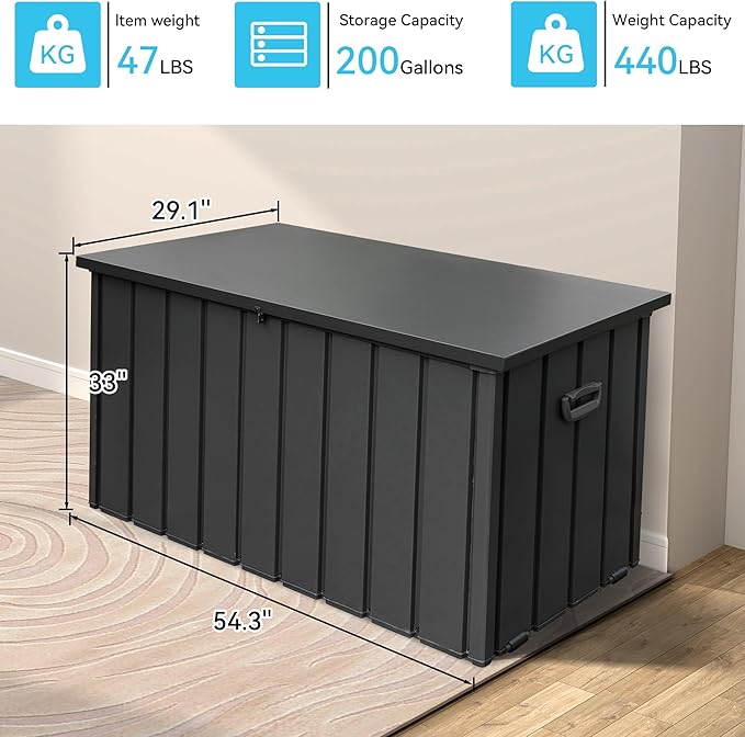 Metal Deck Box, 200 Gallon Outdoor Storage Box Waterproof, Large Patio Furniture Storage Cabinet, Lockable Storage Chest for Porch, Pillows, Cushions, Pool, Tools, Backyard -Grey