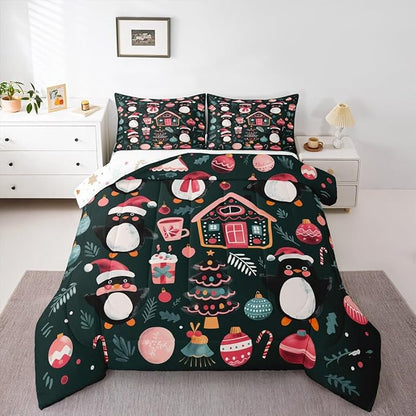 Feelyou Christmas Kids Comforter Set King Size Xmas Tree Ball Bedding Set Penguin Duvet Quilt for Kids Boys Girls Bedroom Gingerbread Houses Decor Microfiber Ultra Soft Breathable