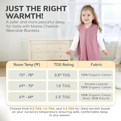 Mama Cheetah Toddler Sleep Sack with Feet 2T, 0.5 TOG Organic Cotton Baby Wearable Blankets with Legs, Baby Sleeping Bag for Walkers, Early Walker Medium