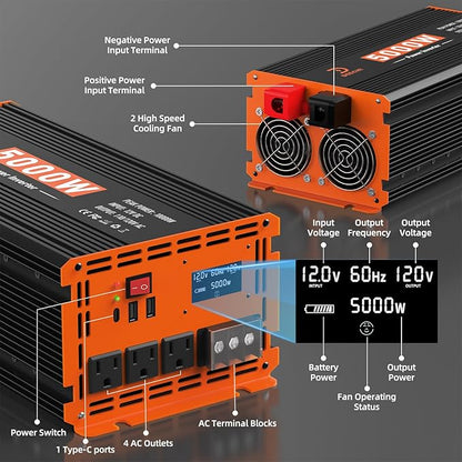 5000W Power Inverter 12V DC to 110V/120V AC Converter for RV/Truck/Boat/Camping/Off-Grid Solar Car Power Inverter Peak Power 10000W with 3 AC Outlets,USB & Type-C Port, Remote Controller & LCD Screen